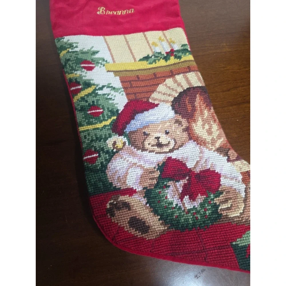Needlepoint Christmas Stocking Bear Wreath‎ Wool Velvet Personalized Breanna